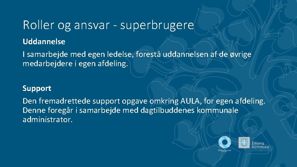 Roller og ansvar - superbrugere Uddannelse I samarbejde med egen ledelse, forestå uddannelsen af
