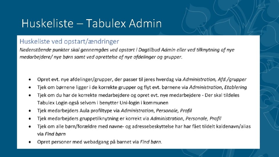 Huskeliste – Tabulex Admin 