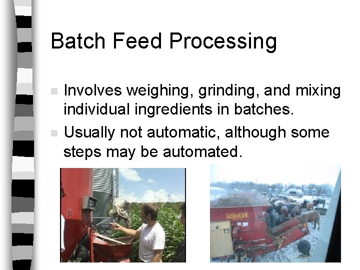 Batch Feed Processing n n Involves weighing, grinding, and mixing individual ingredients in batches.