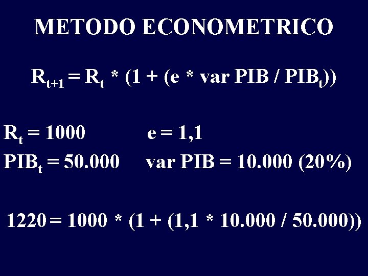 METODO ECONOMETRICO Rt+1 = Rt * (1 + (e * var PIB / PIBt))