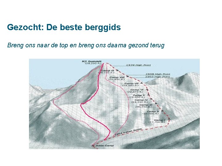 Gezocht: De beste berggids Breng ons naar de top en breng ons daarna gezond