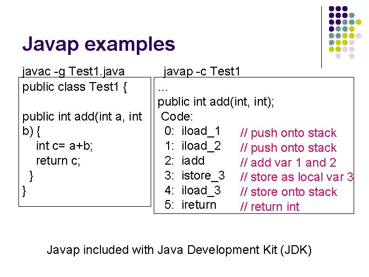 Javap examples javac -g Test 1. java public class Test 1 { public int