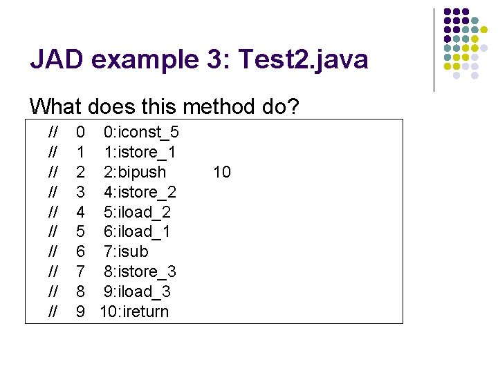 JAD example 3: Test 2. java What does this method do? // // //