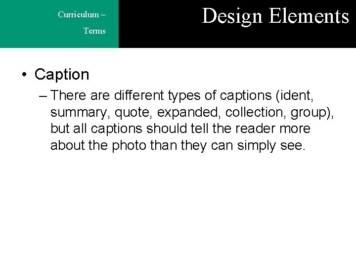 Curriculum ~ Terms Design Elements • Caption – There are different types of captions