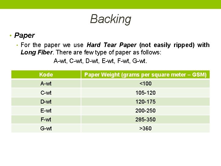 Backing • Paper • For the paper we use Hard Tear Paper (not easily