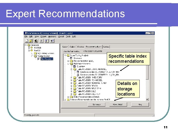 Expert Recommendations Specific table index recommendations Details on storage locations 11 