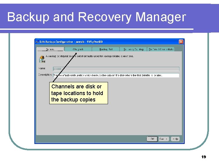 Backup and Recovery Manager Channels are disk or tape locations to hold the backup