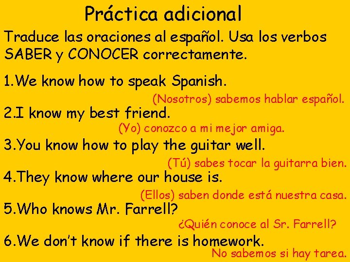 Práctica adicional Traduce las oraciones al español. Usa los verbos SABER y CONOCER correctamente.