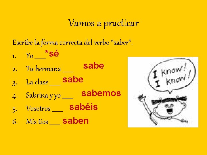 Vamos a practicar Escribe la forma correcta del verbo “saber”. 1. Yo _______*sé 2.