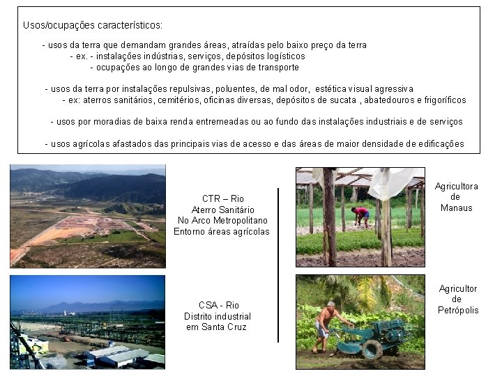 Usos/ocupações característicos: - usos da terra que demandam grandes áreas, atraídas pelo baixo preço