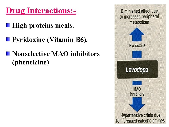 Drug Interactions: High proteins meals. Pyridoxine (Vitamin B 6). Nonselective MAO inhibitors (phenelzine) 