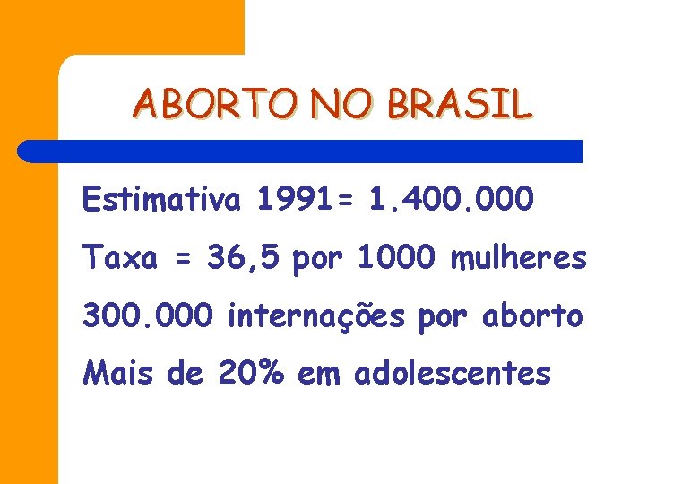 ABORTO NO BRASIL Estimativa 1991= 1. 400. 000 Taxa = 36, 5 por 1000