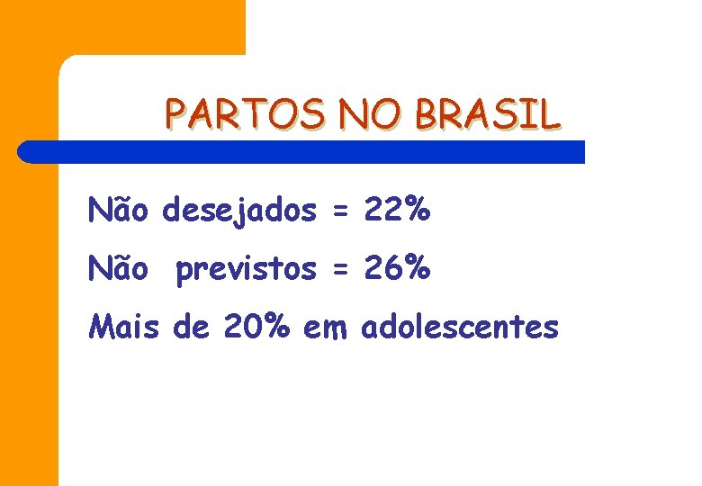 PARTOS NO BRASIL Não desejados = 22% Não previstos = 26% Mais de 20%