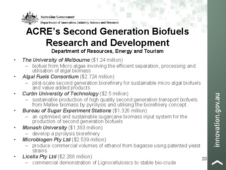 ACRE’s Second Generation Biofuels Research and Development Department of Resources, Energy and Tourism •