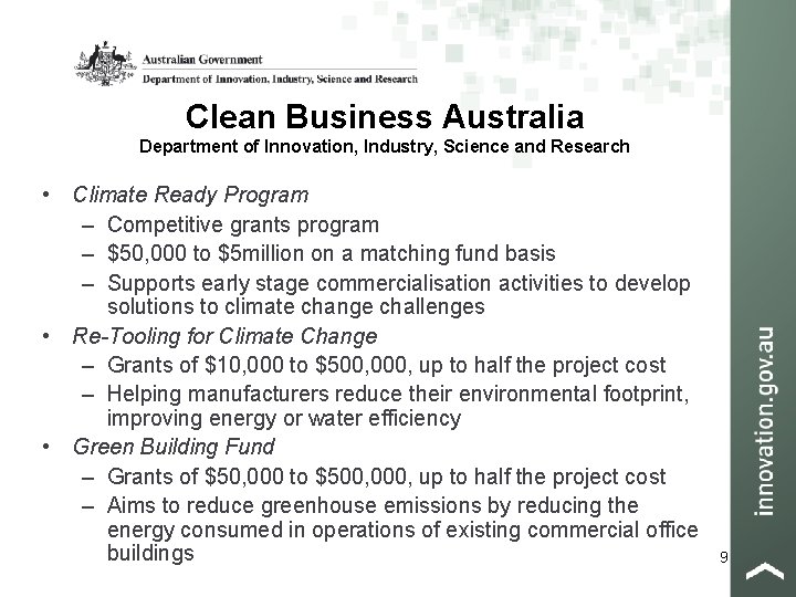 Clean Business Australia Department of Innovation, Industry, Science and Research • Climate Ready Program