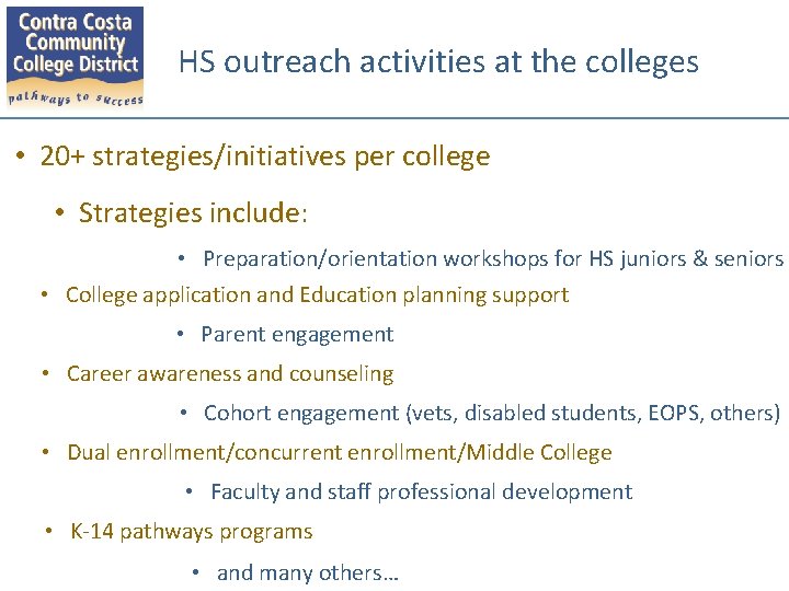 HS outreach activities at the colleges • 20+ strategies/initiatives per college • Strategies include: