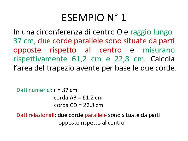 ESEMPIO N° 1 In una circonferenza di centro O e raggio lungo 37 cm,