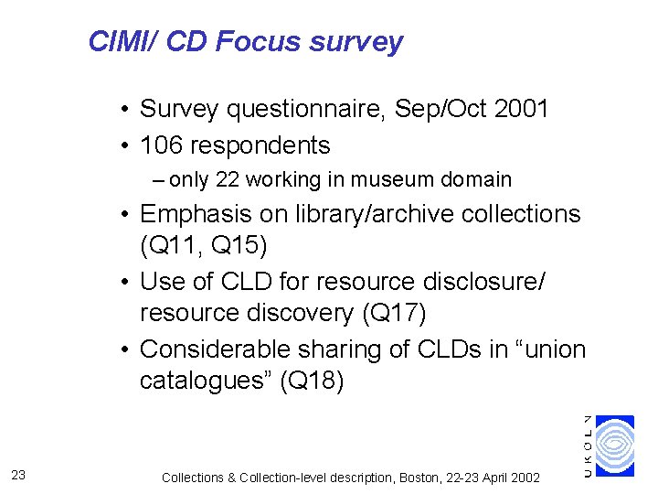 CIMI/ CD Focus survey • Survey questionnaire, Sep/Oct 2001 • 106 respondents – only
