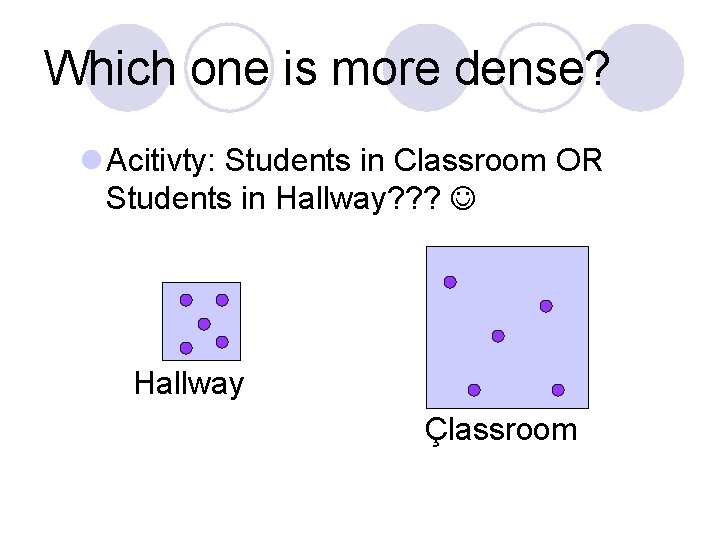 Which one is more dense? l Acitivty: Students in Classroom OR Students in Hallway? Which one is more dense? l Acitivty: Students in Classroom OR Students in Hallway?