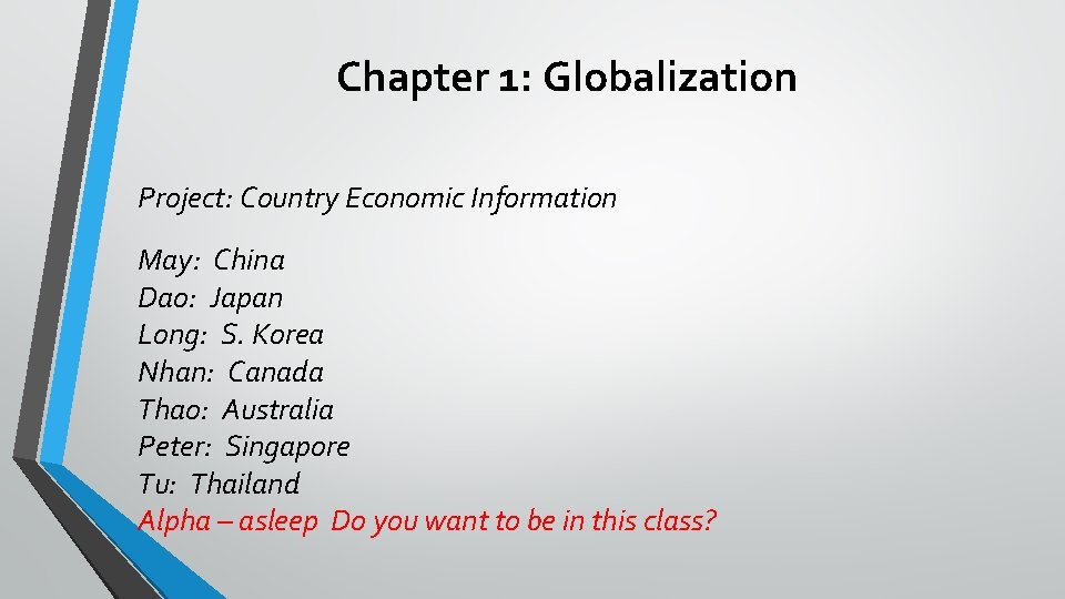 Chapter 1: Globalization Project: Country Economic Information May: China Dao: Japan Long: S. Korea