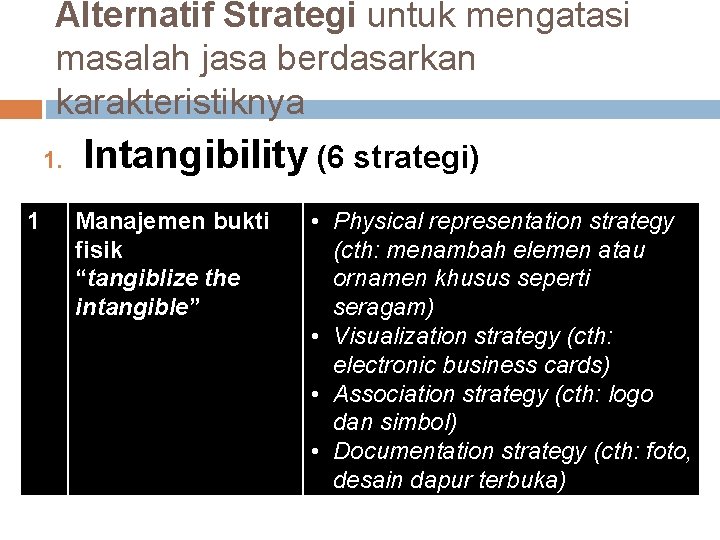 Alternatif Strategi untuk mengatasi masalah jasa berdasarkan karakteristiknya 1. 1 Intangibility (6 strategi) Manajemen