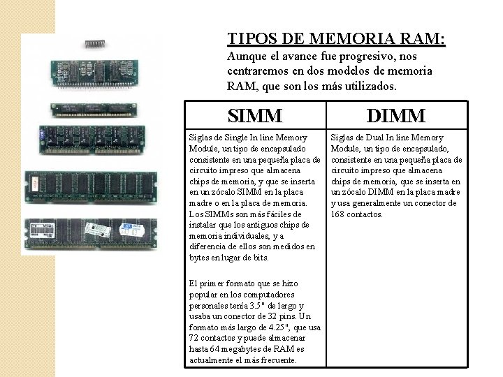 TIPOS DE MEMORIA RAM: Aunque el avance fue progresivo, nos centraremos en dos modelos