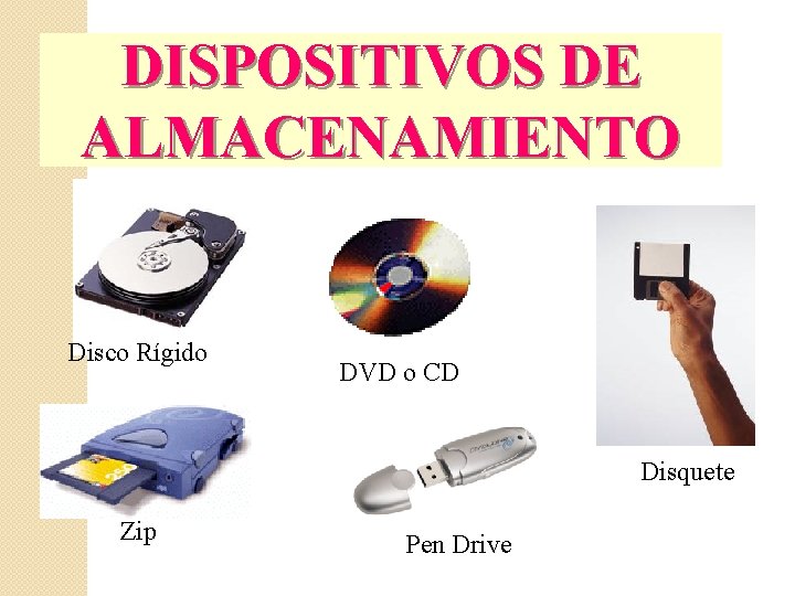 DISPOSITIVOS DE ALMACENAMIENTO Disco Rígido DVD o CD Disquete Zip Pen Drive 