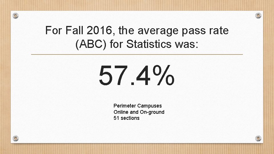 For Fall 2016, the average pass rate (ABC) for Statistics was: 57. 4% Perimeter