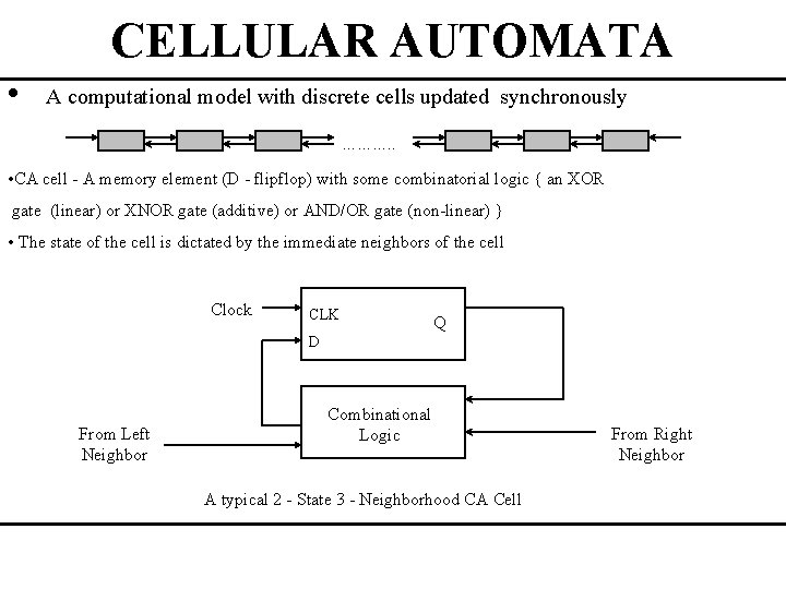 CELLULAR AUTOMATA • A computational model with discrete cells updated synchronously ………. . •
