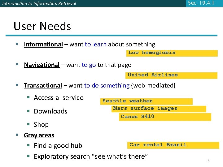 Sec. 19. 4. 1 Introduction to Information Retrieval User Needs § Informational – want