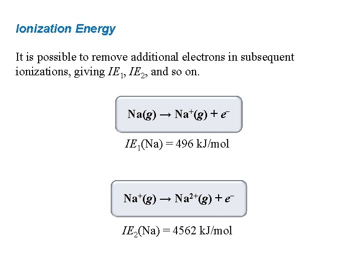 Ionization Energy It is possible to remove additional electrons in subsequent ionizations, giving IE