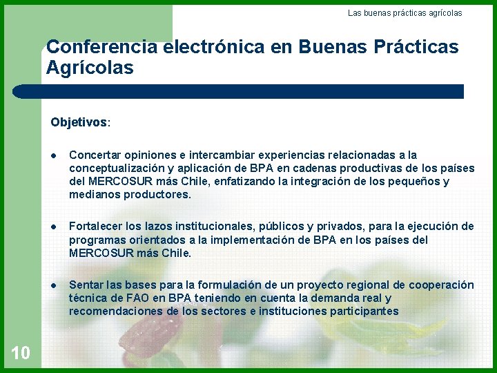 Las buenas prácticas agrícolas Conferencia electrónica en Buenas Prácticas Agrícolas Objetivos: 10 l Concertar