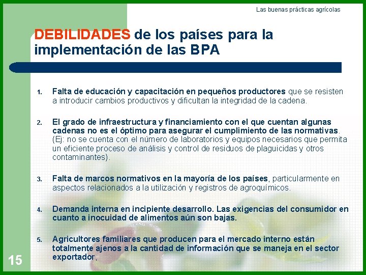 Las buenas prácticas agrícolas DEBILIDADES de los países para la implementación de las BPA