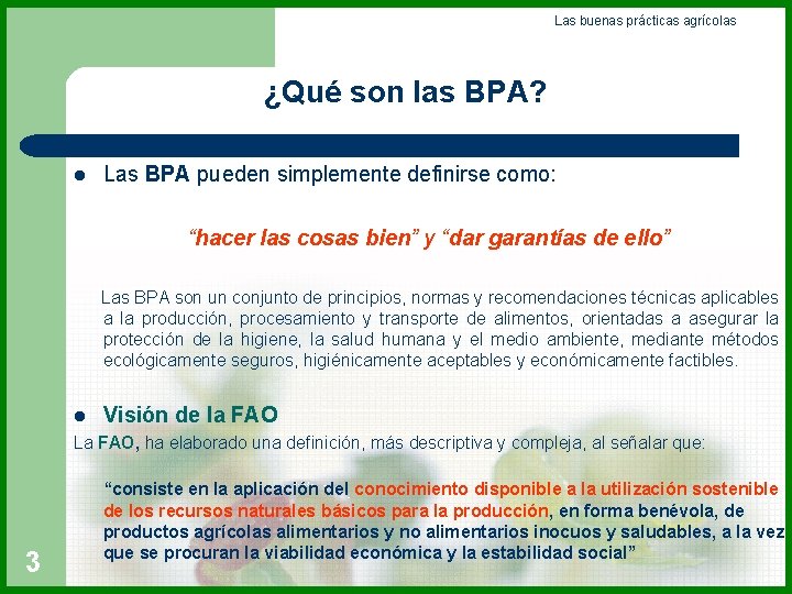 Las buenas prácticas agrícolas ¿Qué son las BPA? l Las BPA pueden simplemente definirse