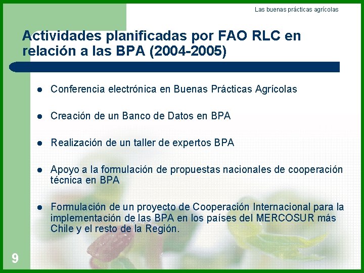 Las buenas prácticas agrícolas Actividades planificadas por FAO RLC en relación a las BPA
