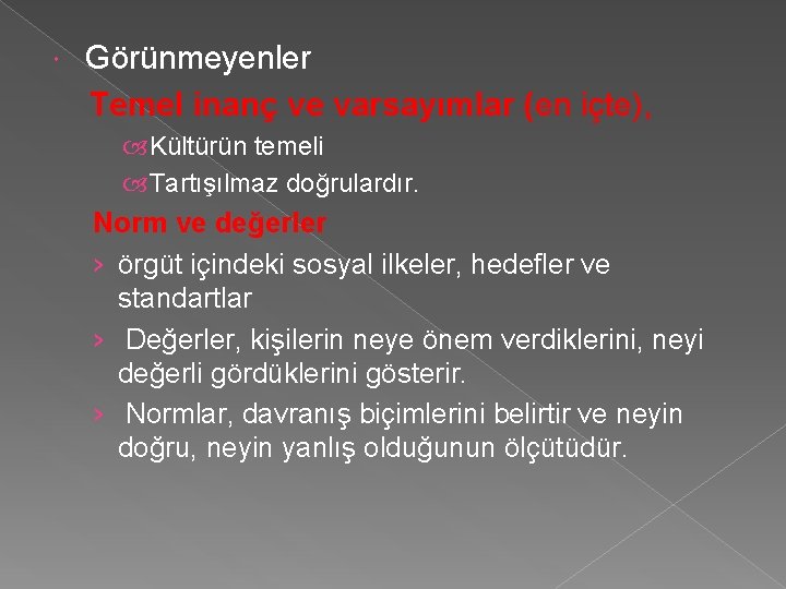 Görünmeyenler Temel inanç ve varsayımlar (en içte), Kültürün temeli Tartışılmaz doğrulardır. Norm ve değerler Görünmeyenler Temel inanç ve varsayımlar (en içte), Kültürün temeli Tartışılmaz doğrulardır. Norm ve değerler