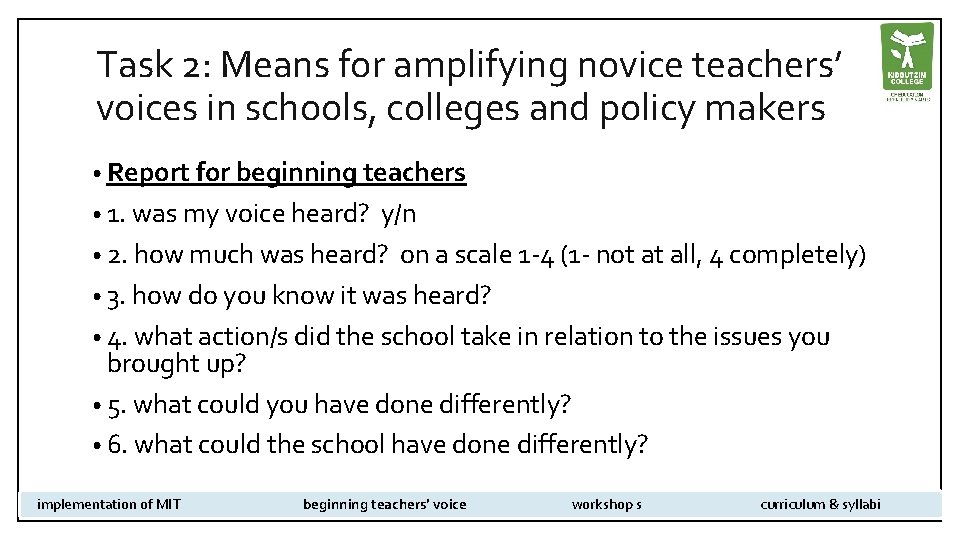Task 2: Means for amplifying novice teachers’ voices in schools, colleges and policy makers