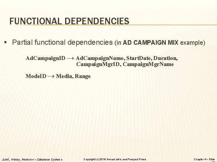 FUNCTIONAL DEPENDENCIES § Partial functional dependencies (in AD CAMPAIGN MIX example) Ad. Campaign. ID