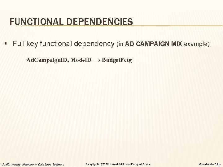 FUNCTIONAL DEPENDENCIES § Full key functional dependency (in AD CAMPAIGN MIX example) Ad. Campaign.