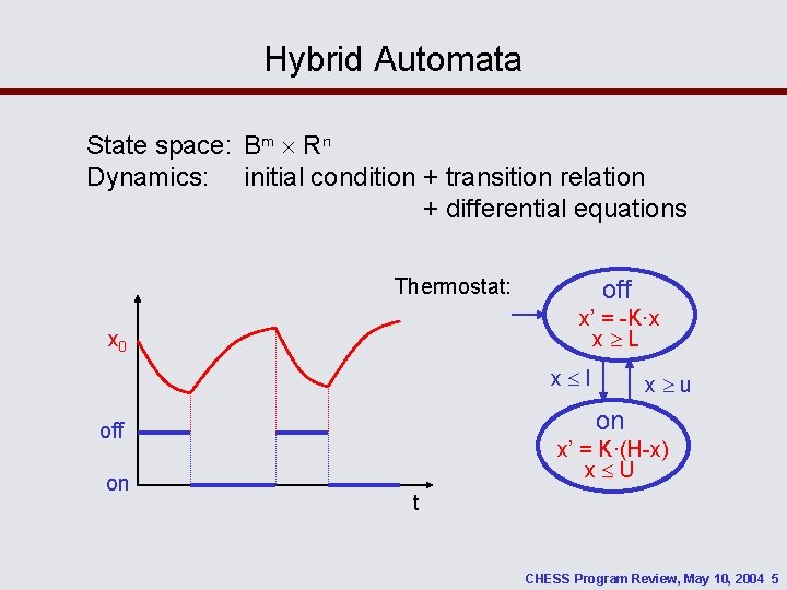 Hybrid Automata State space: Bm Rn Dynamics: initial condition + transition relation + differential