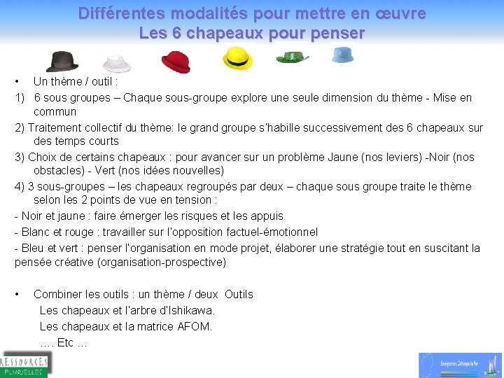 Différentes modalités pour mettre en œuvre Les 6 chapeaux pour penser • Un thème