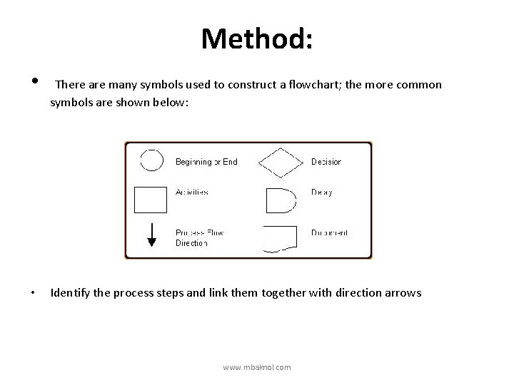 Method: • There are many symbols used to construct a flowchart; the more common