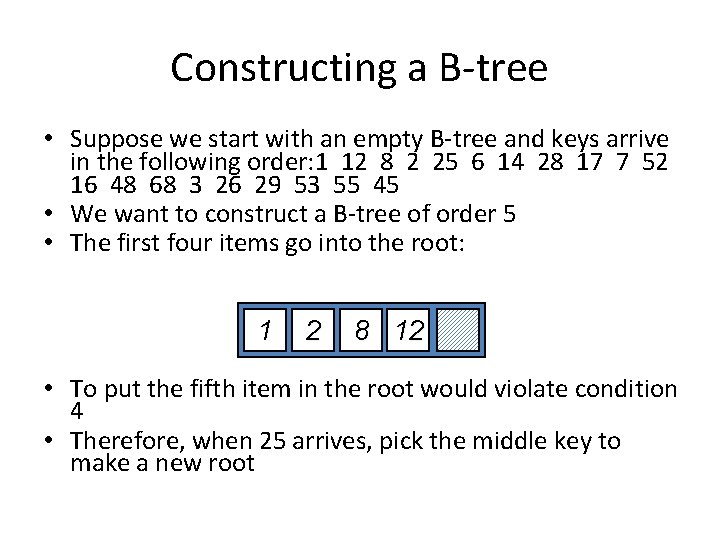 Constructing a B-tree • Suppose we start with an empty B-tree and keys arrive