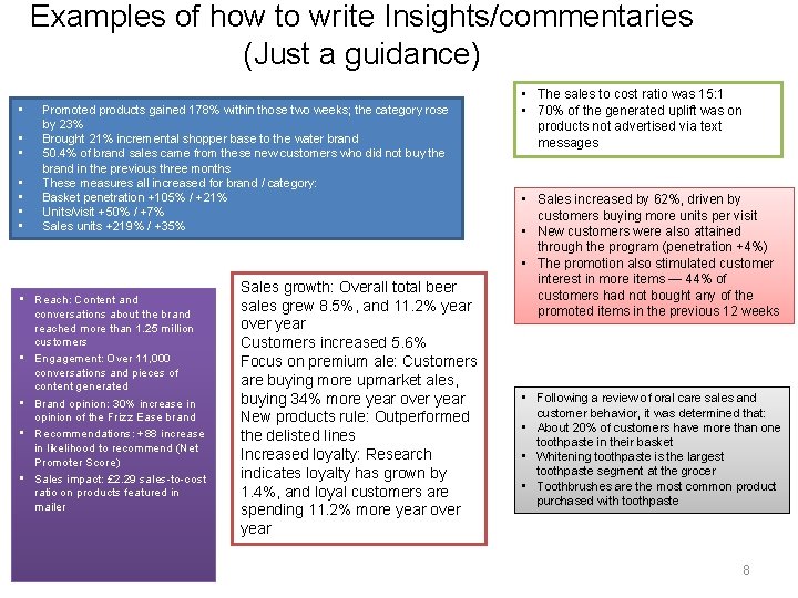 Examples of how to write Insights/commentaries (Just a guidance) • • Promoted products gained