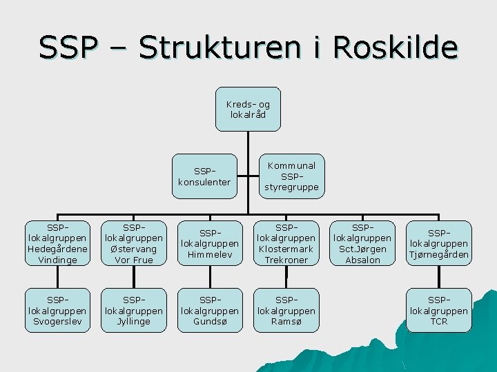 SSP – Strukturen i Roskilde Kreds- og lokalråd SSPkonsulenter Kommunal SSPstyregruppe SSPlokalgruppen Hedegårdene Vindinge