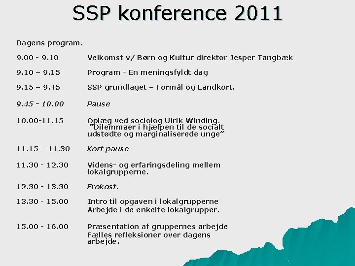 SSP konference 2011 Dagens program. 9. 00 - 9. 10 Velkomst v/ Børn og