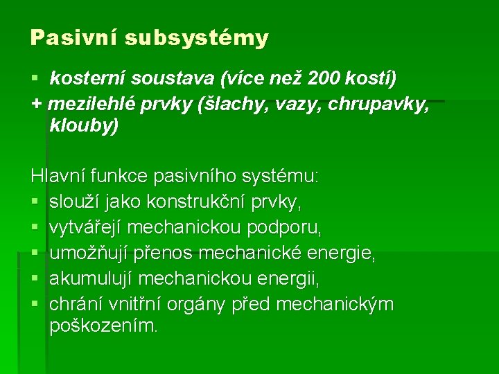 Pasivní subsystémy § kosterní soustava (více než 200 kostí) + mezilehlé prvky (šlachy, vazy,