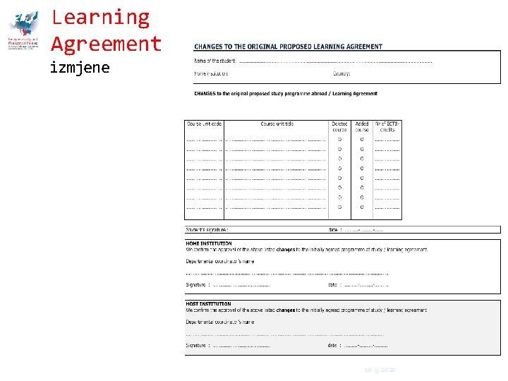 Learning Agreement izmjene 10. 9. 2020 