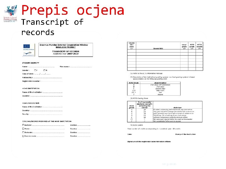 Prepis ocjena Transcript of records 10. 9. 2020 