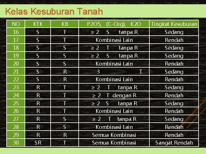 Kelas Kesuburan Tanah NO KTK KB P 2 O 5, (C-Org), K 2 O